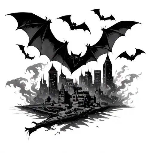 burning depressing city sleeve tattoo featuring bats and lots of smoke  tattoo design idea