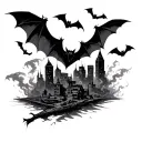 burning depressing city sleeve tattoo featuring bats and lots of smoke  tattoo design idea