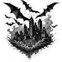burning depressing city sleeve tattoo featuring bats and lots of smoke  tattoo design idea