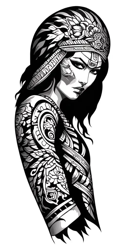 Mexican Aztec and Japanese Yakuza inspired arm sleeve tattoo tattoo design idea