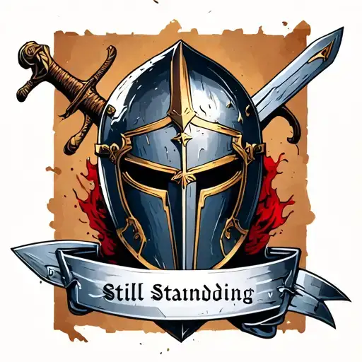 Helmet, shield, sword, breastplate, but all scuffed and dented. Maybe with a banner that says “Still Standing tattoo design idea