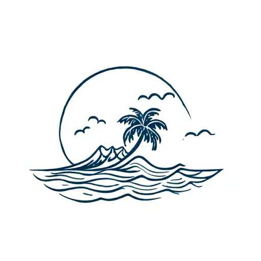Beach waves surfin sun palm tree tattoo design idea