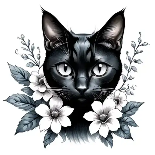 Black cat with flowers tattoo design idea