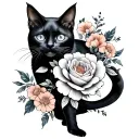 Black cat with flowers tattoo design idea