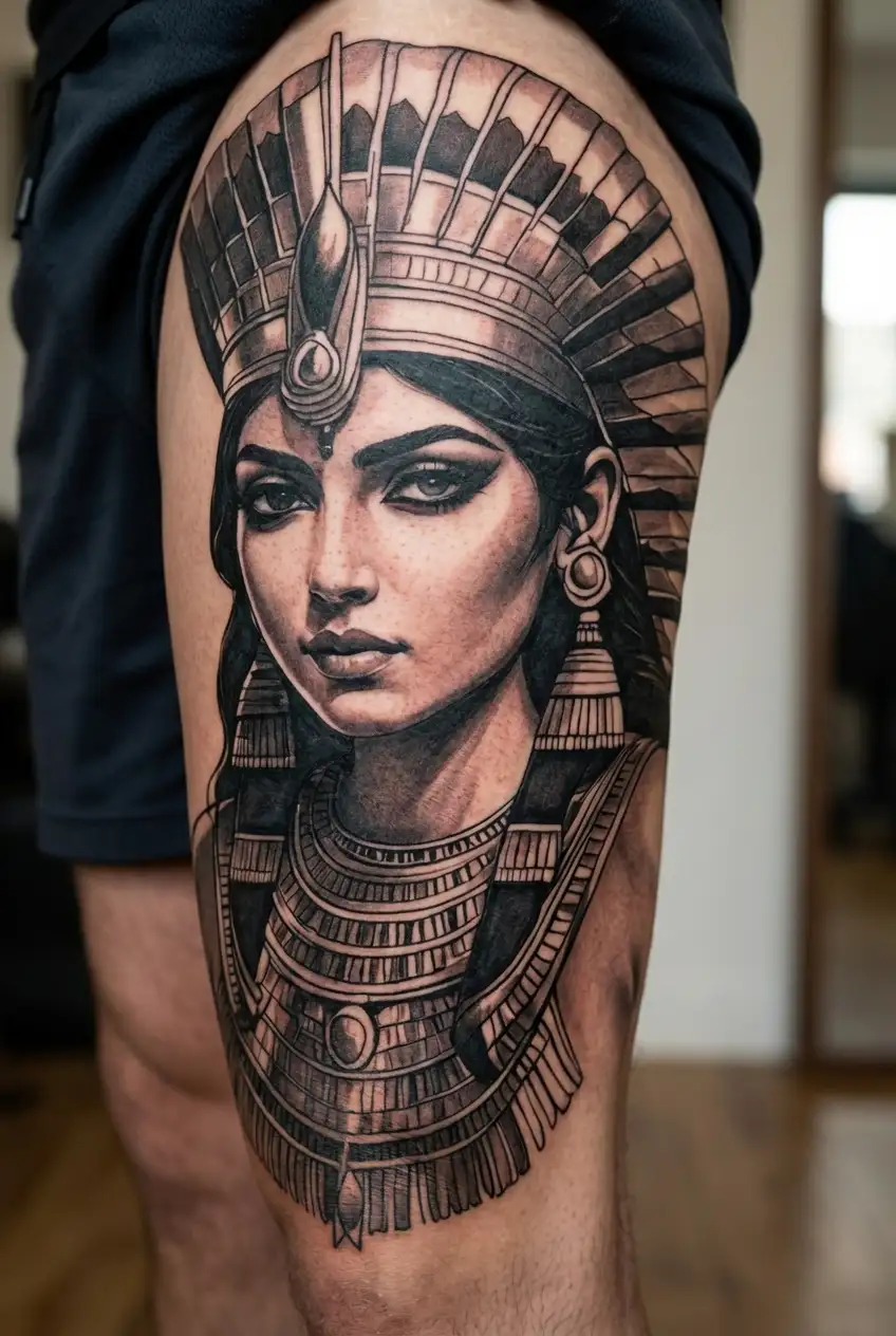 Egytian Cleopatra egyptian goddess with pharao headdress as a portrait tattoo design idea