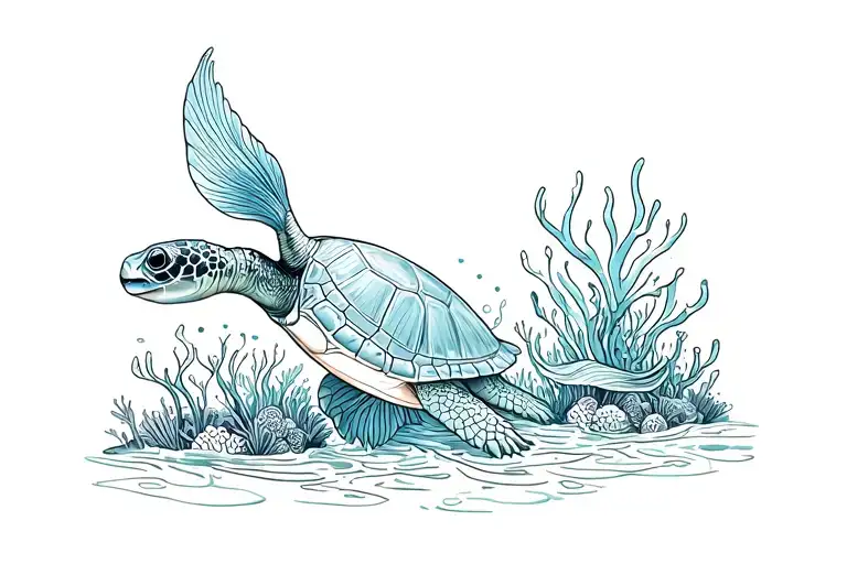 Ocean with corral reef mermaid turtle swimming gracefully tattoo design idea