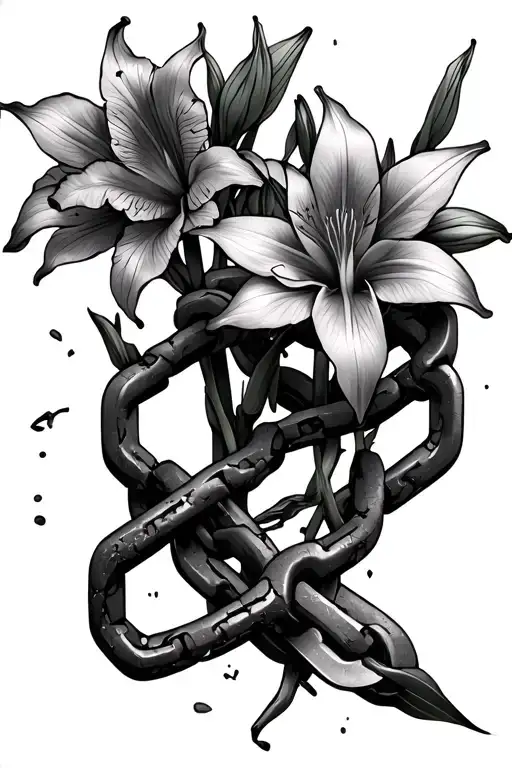 multiple cracked and broken chains with amaryllis flowers intertwined into the broken parts tattoo design idea