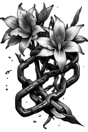 multiple cracked and broken chains with amaryllis flowers intertwined into the broken parts tattoo design idea