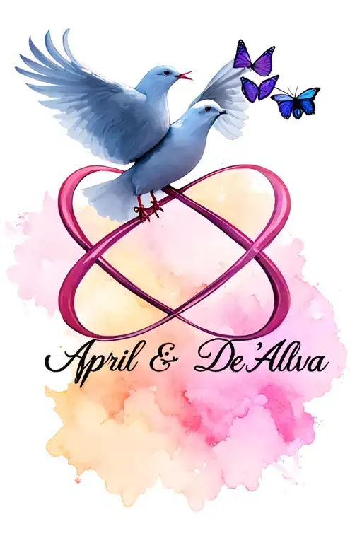 a Smokey infinity symbol with the name April & De'Alva engraved inside, decorated with 2 doves and a butterfly tattoo design idea