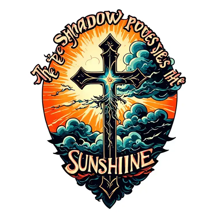 "The shadow proves the sunshine" cross and storm clouds tattoo design idea
