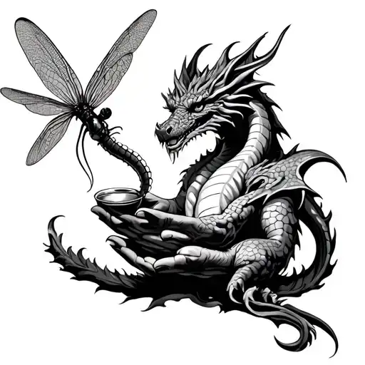 Irish Dragon gently cupping a dragonfly in his hands tattoo design idea