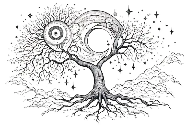 Family tree, sun, moon, stars, infinity tattoo design idea