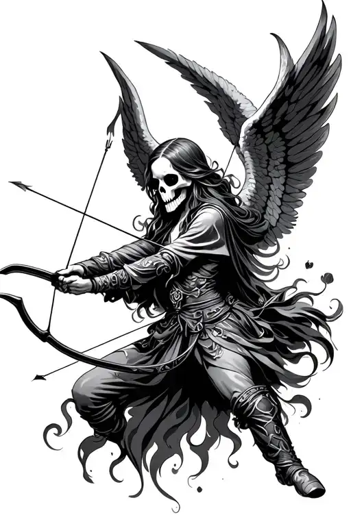 angel with a skull face shooting a bow and arrow in black and grey  tattoo design idea