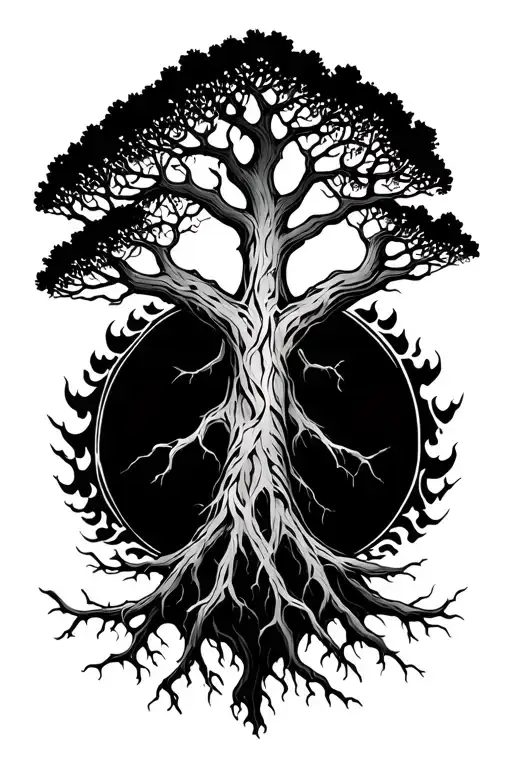 yggdrasil world tree with wide branches tattoo design idea