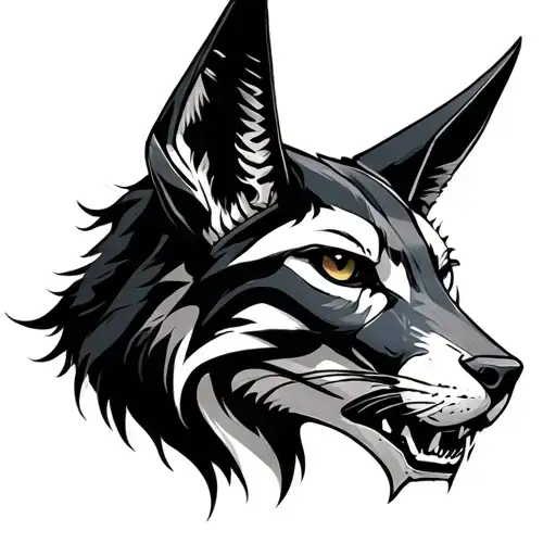 one single cohesive high-contrast black and white tattoo design, ultra-realistic menacing headshot of Anubis, jackal-hea tattoo design idea
