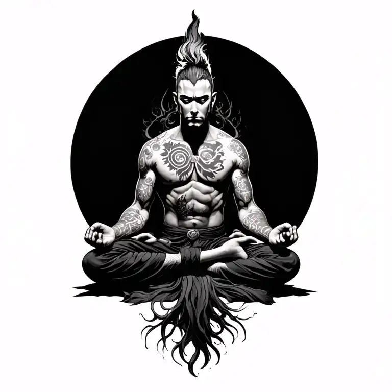 Realistic powerful warrior with tattoo sitting in meditation. Tattoo with great detail and fine lines tattoo design idea