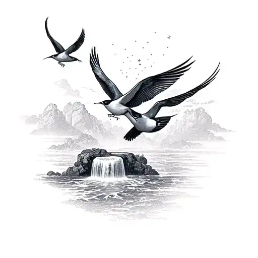 swallows flying above an aquarius waterfall japanese style tattoo design idea