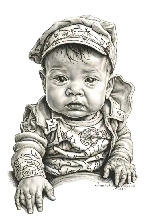 James Dustin Adams memorial tattoo of a baby boy looking tattoo design idea