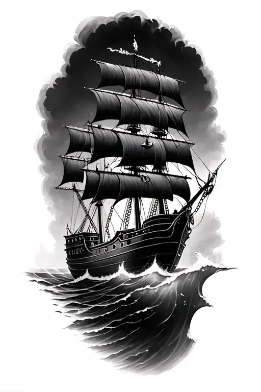 I want a tattoo of a pirate ship with sea full of waves and and candles in the wind three children rising over the chain tattoo design idea
