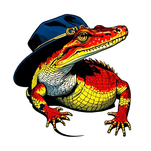 yellow red and blue lizzard with gucci hat  tattoo design idea