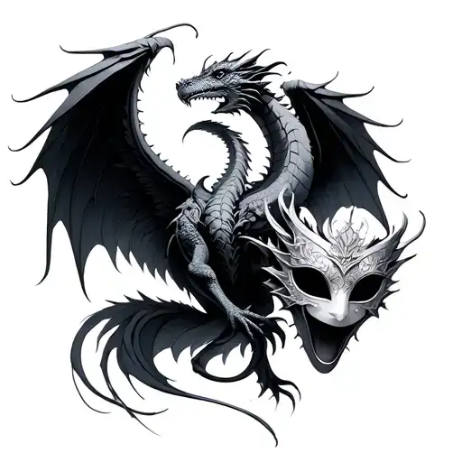 dragons, angel wings and masks one tattoo design idea