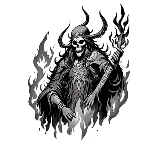 Mansi Shaman Necromancer and Sklet in the Fire tattoo design idea