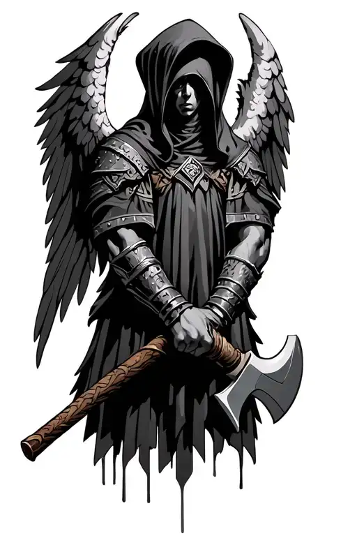 Warrior angel, hands folded on the axe, face hidden by hood. tattoo design idea