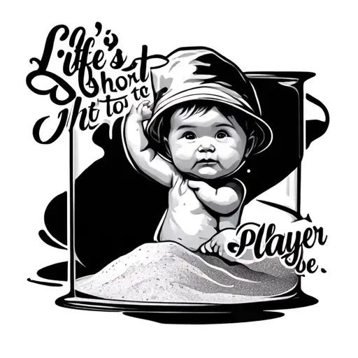 baby in hour glass with sand with sophisticated lettering that says life's to short not to be a player tattoo design idea