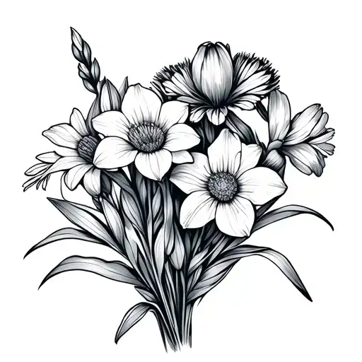 gladiolus, aster, carnation, narcissus small fine line flower bouquet one of each flower tattoo design idea