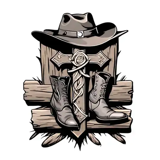 western style tattoo that's a cross with a lasso on the top of the middle piece of wood a cowboy hat on top and boots at tattoo design idea