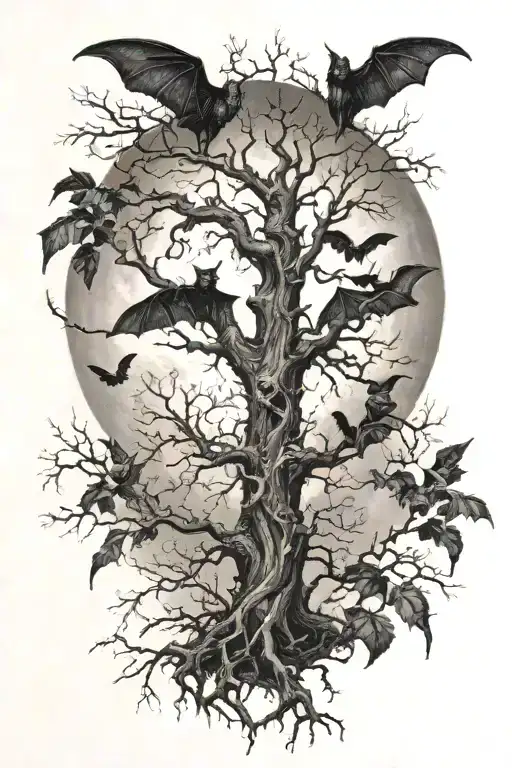 Poison tree wit bats and moon  tattoo design idea