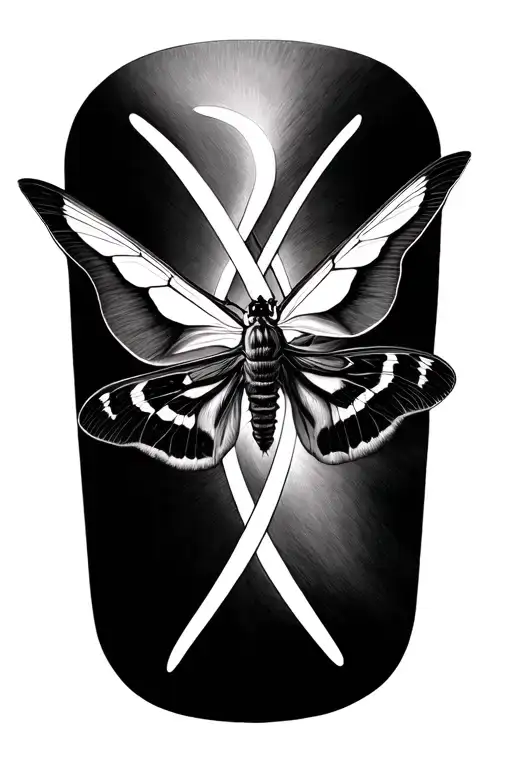 two, figure 8, intersecting moebius strips with moth on one strip near centre of image tattoo design idea