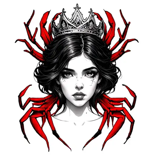 woman face with crown surrounded by red spider lilly tattoo design idea