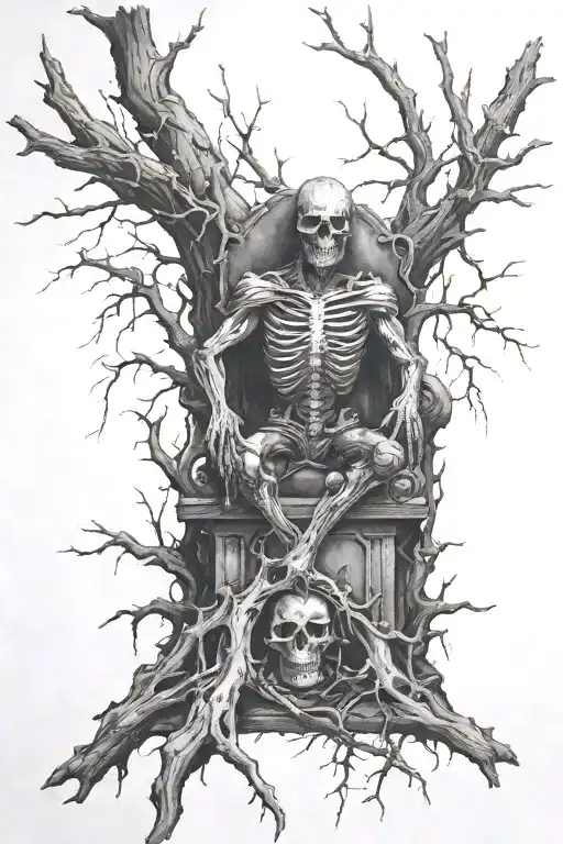 dead tree with decaying throne and dead corpse with armour tattoo design idea
