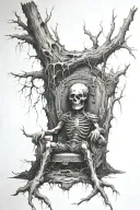 dead tree with decaying throne and dead corpse with armour tattoo design idea