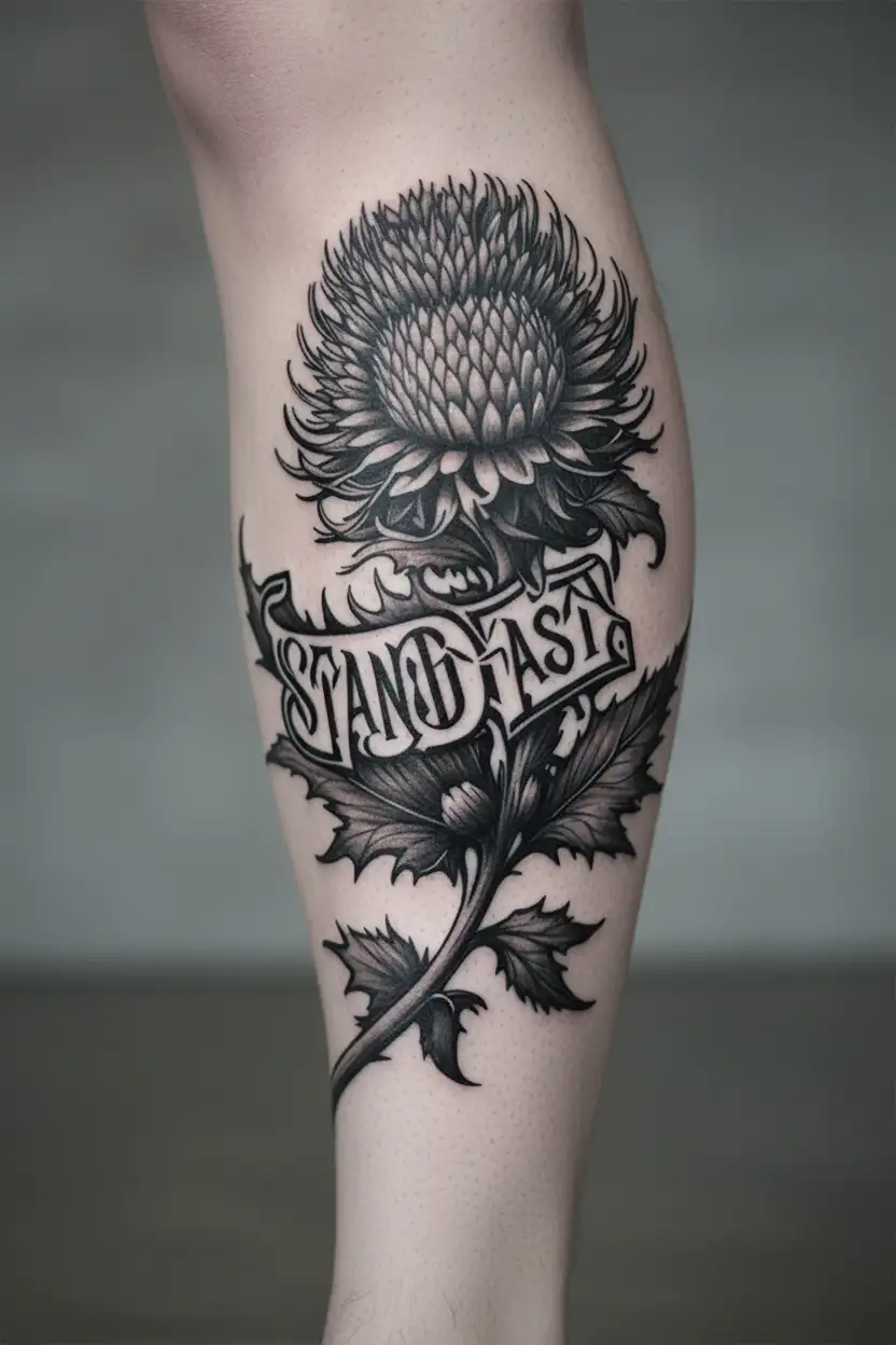 Scottish thistle flower with words "Stand Fast" using Celtic lettering intertwined in the flower tattoo design idea