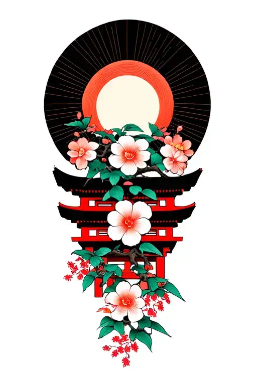 Japanese sun, Shinto shrine, flowers and bonsai branches in a wood block print style. tattoo design idea