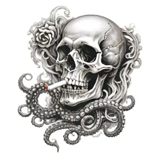 octopus and skull and smoke and cigarettes  tattoo design idea