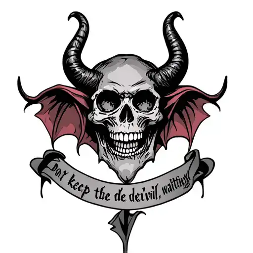 gothic style devil and skull with the words 'Don't keep the devil waiting, old friend' tattoo design idea