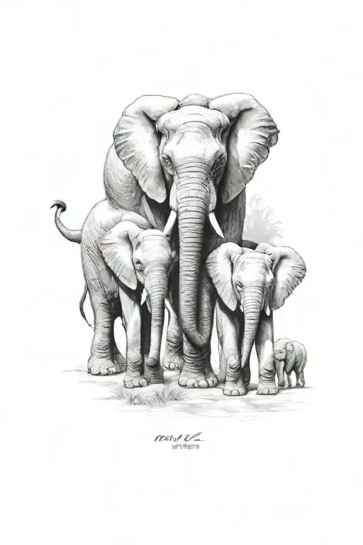 mama elephant with 4 babies tattoo design idea