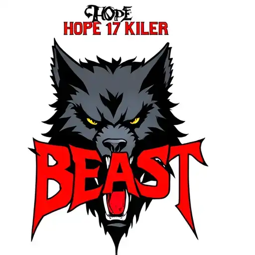 one centered black werewolf head with "Hope 17 Killer" written above in red and the word "BEAST" written below tattoo design idea