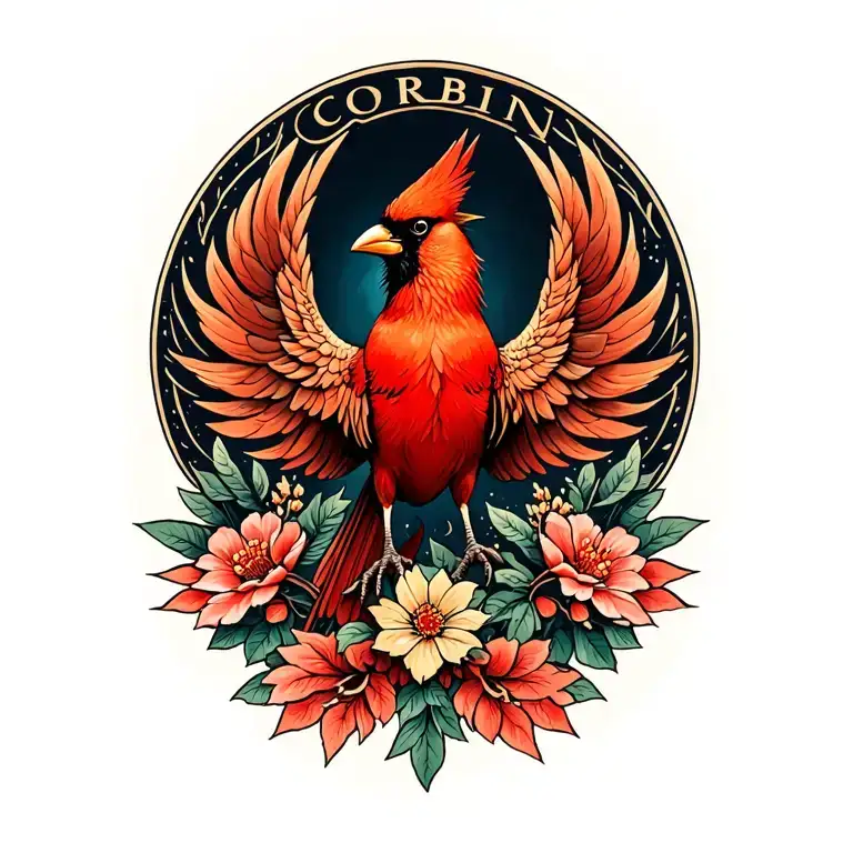 Phoenix, red cardinal, cancer, recovery from addiction, the name Corbin tattoo design idea