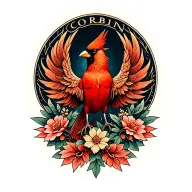 Phoenix, red cardinal, cancer, recovery from addiction, the name Corbin tattoo design idea
