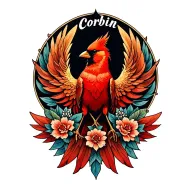 Phoenix, red cardinal, cancer, recovery from addiction, the name Corbin tattoo design idea