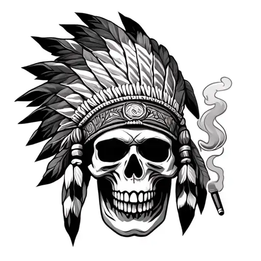native american headdress on a skull smoking a blunt tattoo design idea