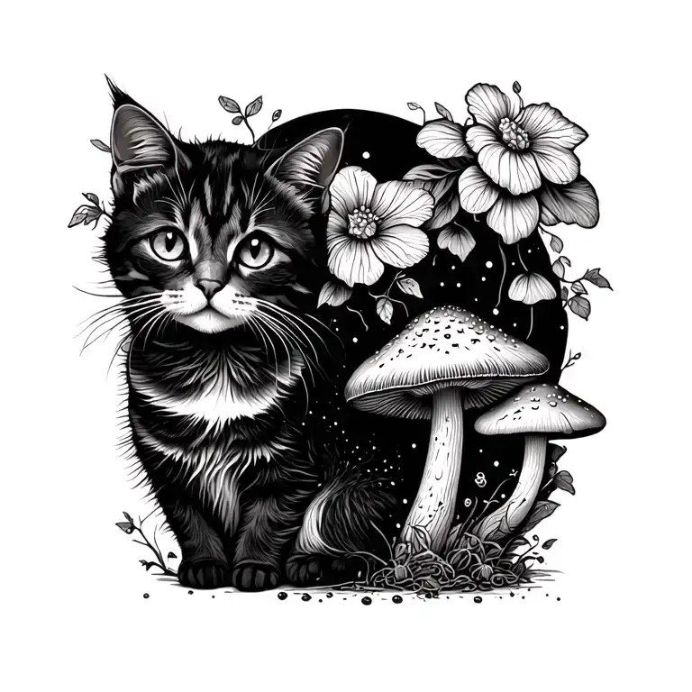 cat and mushroom fairy tattoo design idea