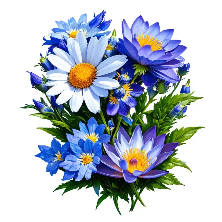 daisy and sweet pea flowers with larkspur and water lilly  tattoo design idea