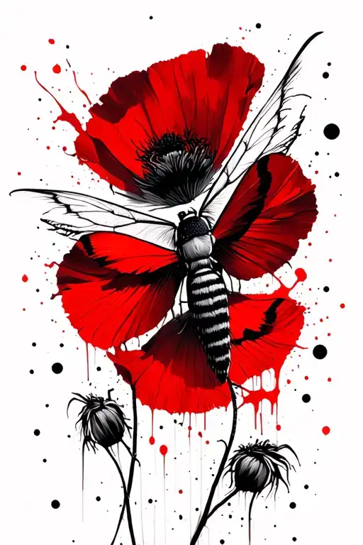 In the center of the picture there will be a moth with the wings stretched and it will sit on Wild Poppy tattoo design idea