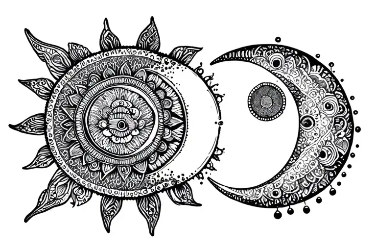 sun and moon with mandala and dot work tattoo design idea