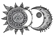 sun and moon with mandala and dot work tattoo design idea